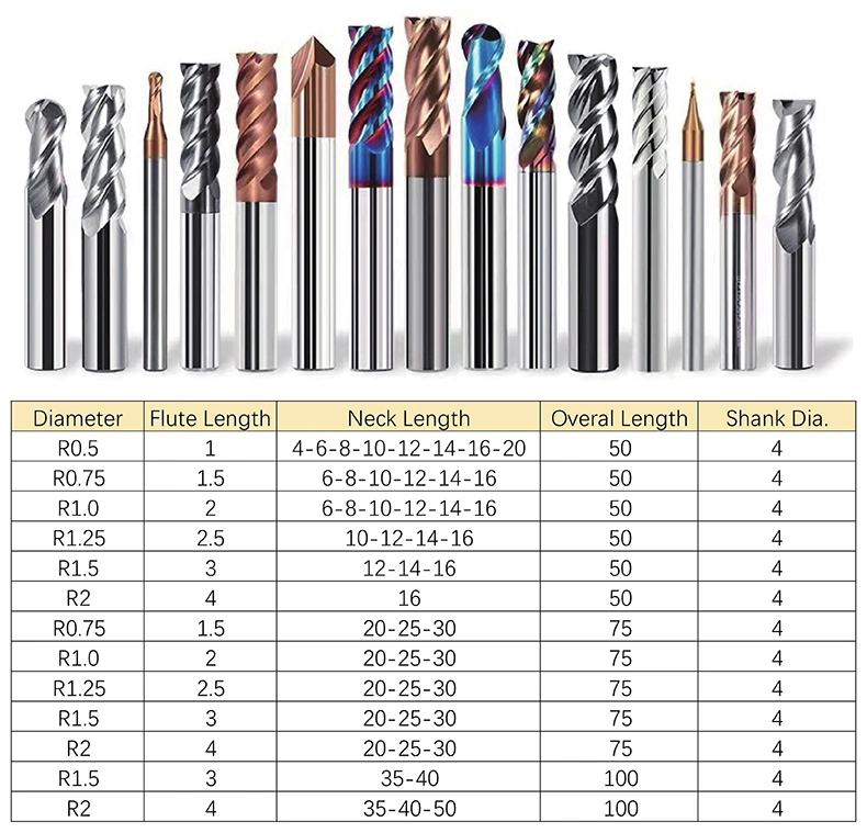 Carbide Long Neck Ball Nose End Mill with Coating for CNC